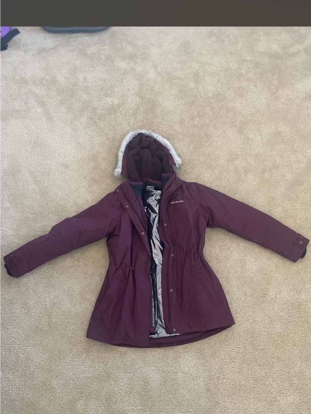 Columbia Girls' Plum Hooded Puffer Coat with Faux-Fur Trim